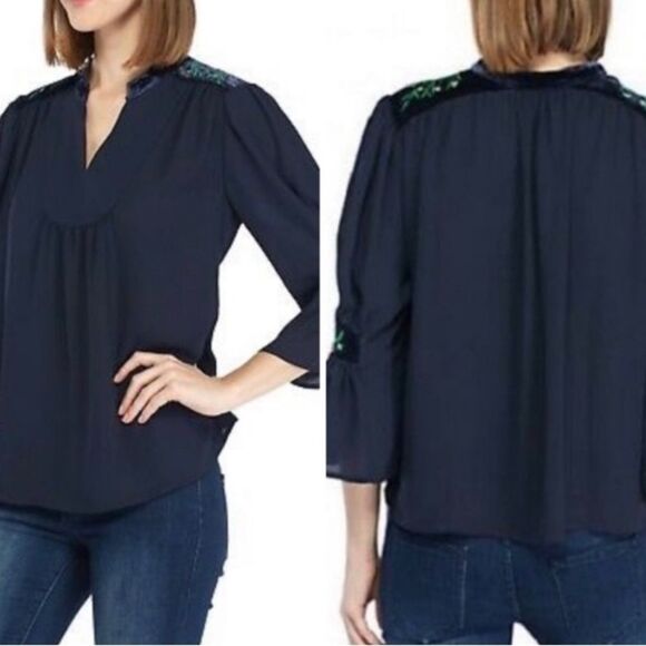 Crown & Ivy Navy Chiffon Velvet Flounce Top Size XL - Picture 1 of 13